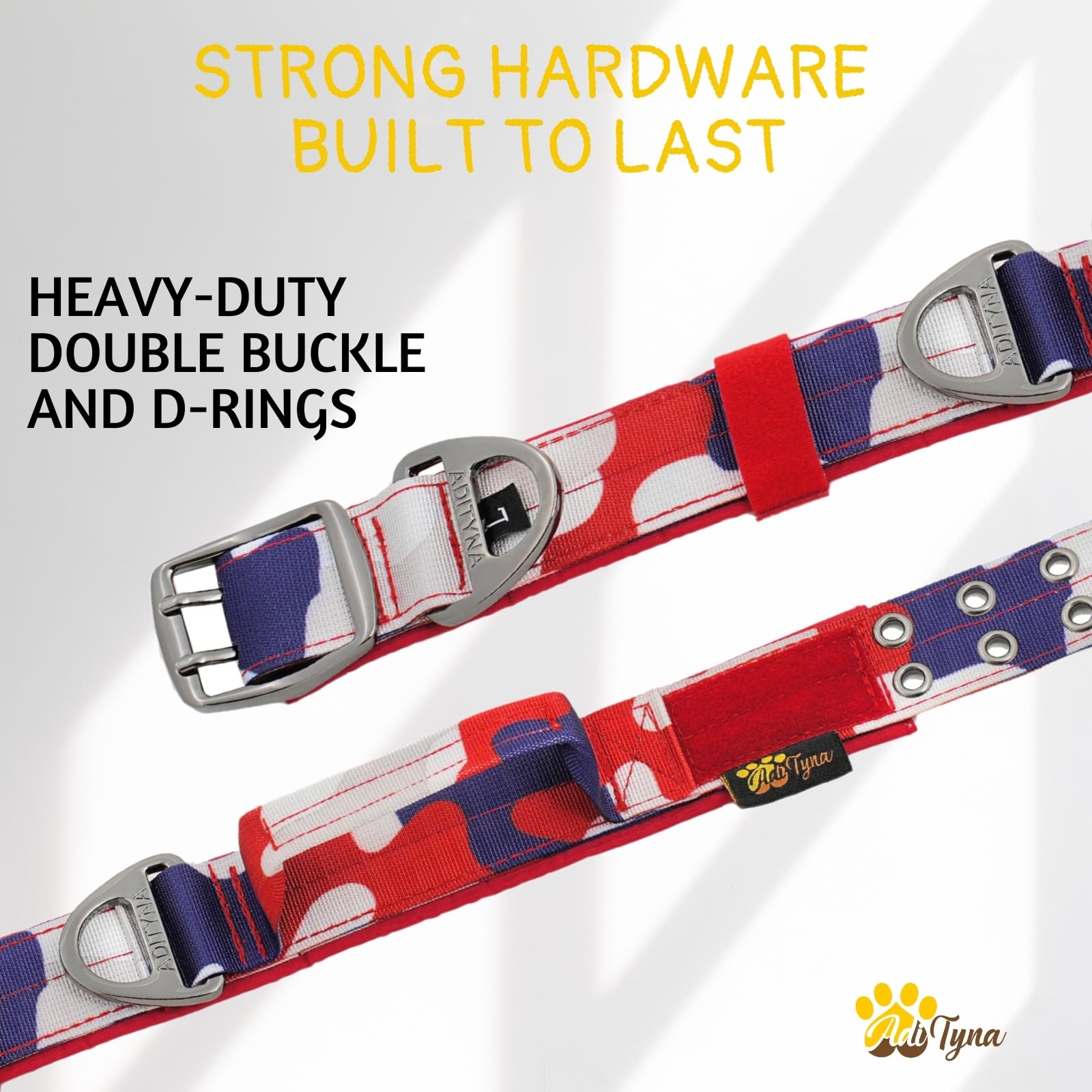 Adityna Heavy Duty Dog Collar For Medium Dogs - Camo Red Blue Collar With Handle For Training, And Walking - Wide, Thick, Tactic